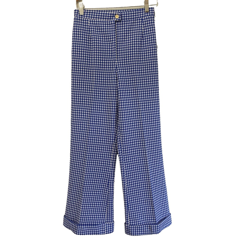 Vivo Vintage Pants‎ Small Blue White Check Gingham 70s Retro Wide Leg Cuffed